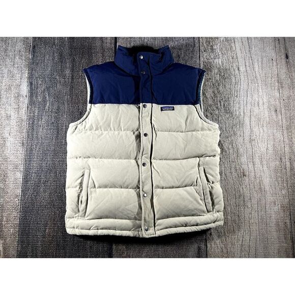 Patagonia Bivy Down Vest Mens Large Tan Blue Full Zip Puffer Sleeveless - Picture 1 of 12